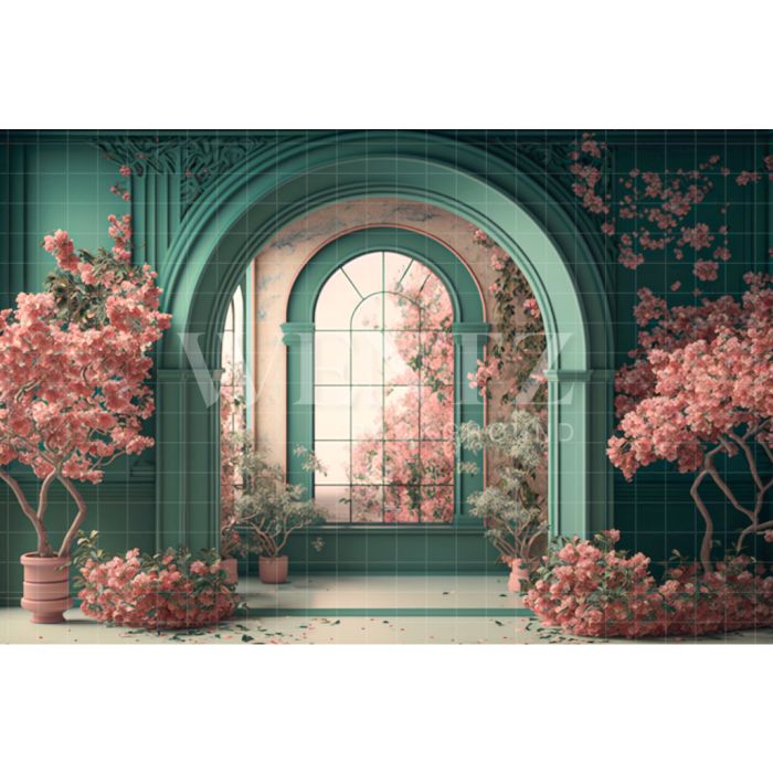 Photography Background in Fabric Green Room with Cherry Blossoms / Backdrop 2732