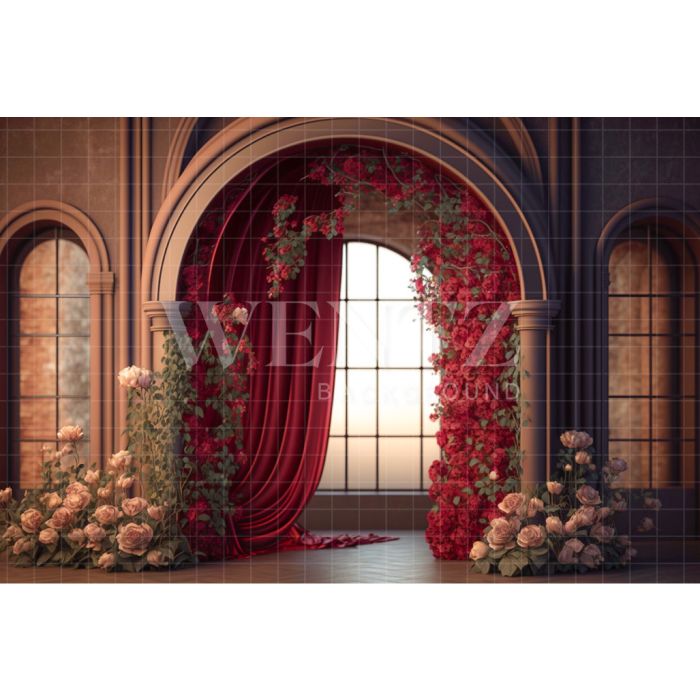 Photography Background in Fabric Terracotta Arch with Red Curtains / Backdrop 2749