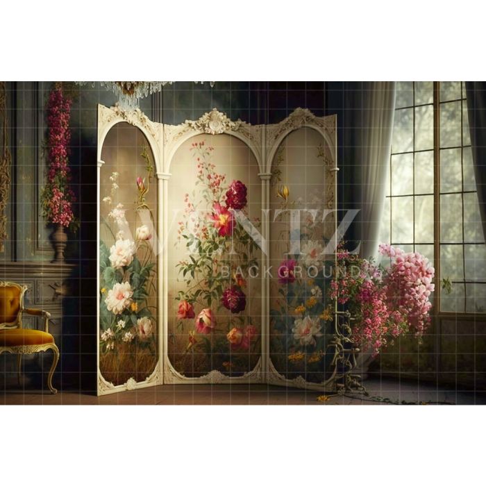 Photography Background in Fabric Room with Dressing Screen and Flowers / Backdrop 2755