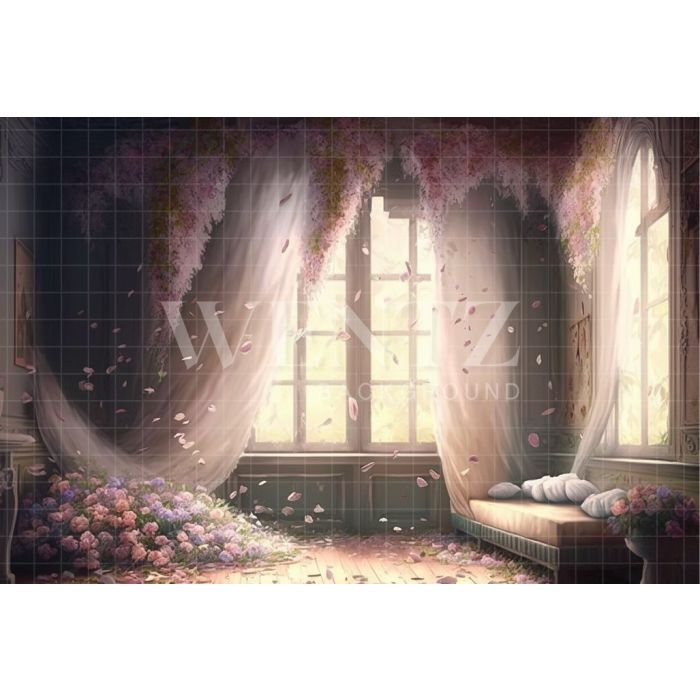 Photography Background in Fabric Scenery Window with Flowers / Backdrop 2802