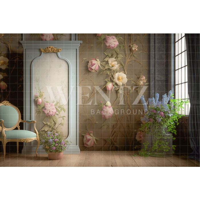 Photography Background in Fabric with Chair and Flowers / Backdrop 2806