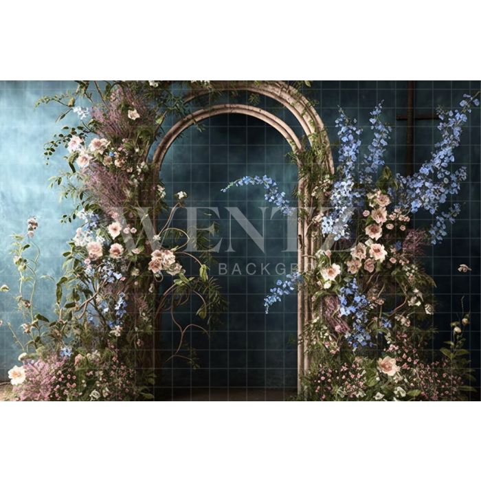 Photography Background in Fabric Set Arch with Blue Flowers / Backdrop 2819