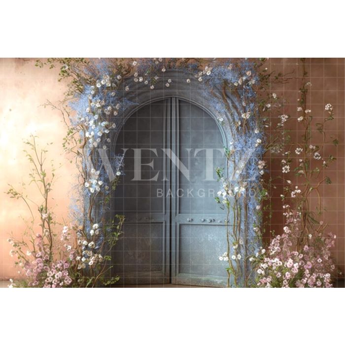 Photography Background in Fabric Blue Door with Flowers / Backdrop 2820