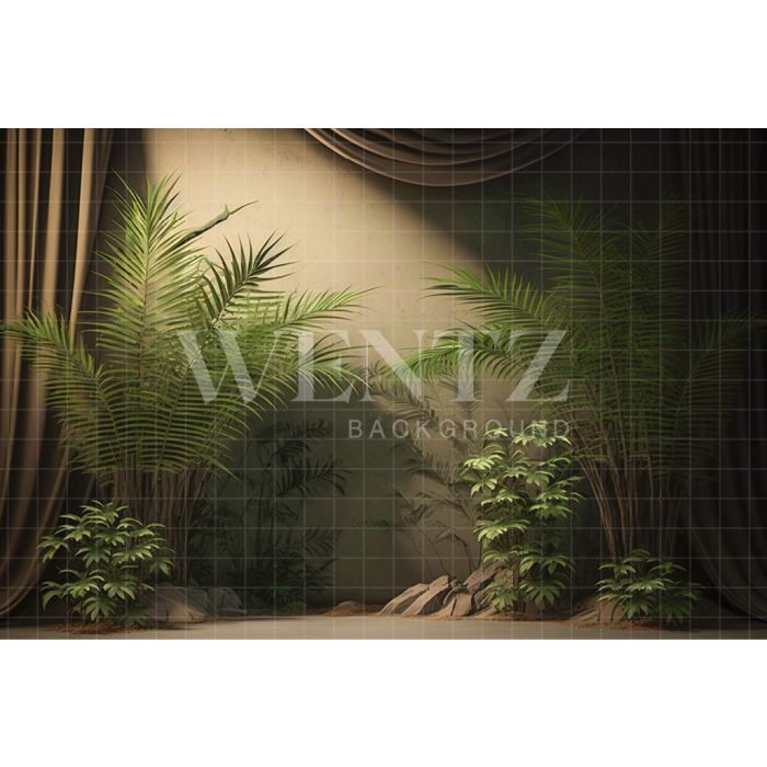 Photography Background in Fabric Nature Beige Scenery with Curtains and Plants / Backdrop 2975