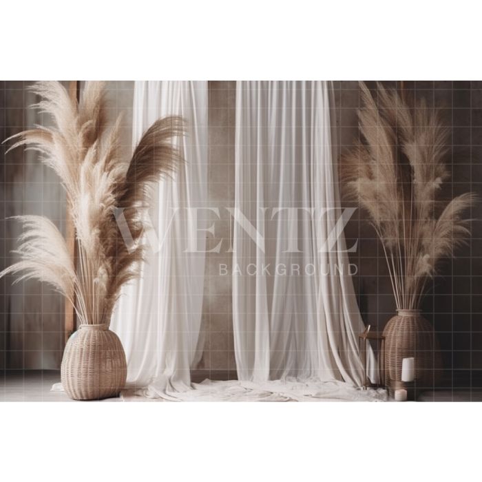 Photography Background in Fabric Boho Scenery with Curtains and Pampas Grass  / Backdrop 3069