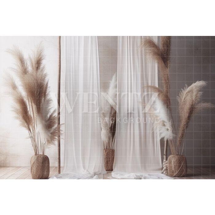 Photography Background in Fabric Boho Scenery with Curtains and Pampas Grass / Backdrop 3070