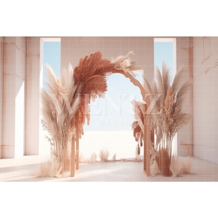 Photography Background in Fabric Boho Scenery with Arch and Pampas Grass / Backdrop 3072