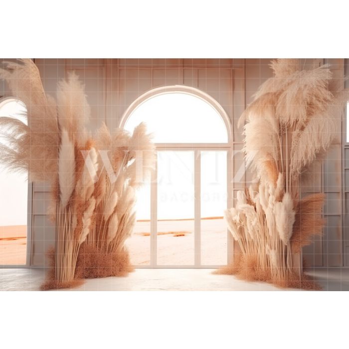 Photography Background in Fabric Boho Scenery with Arch and Pampas Grass / Backdrop 3074