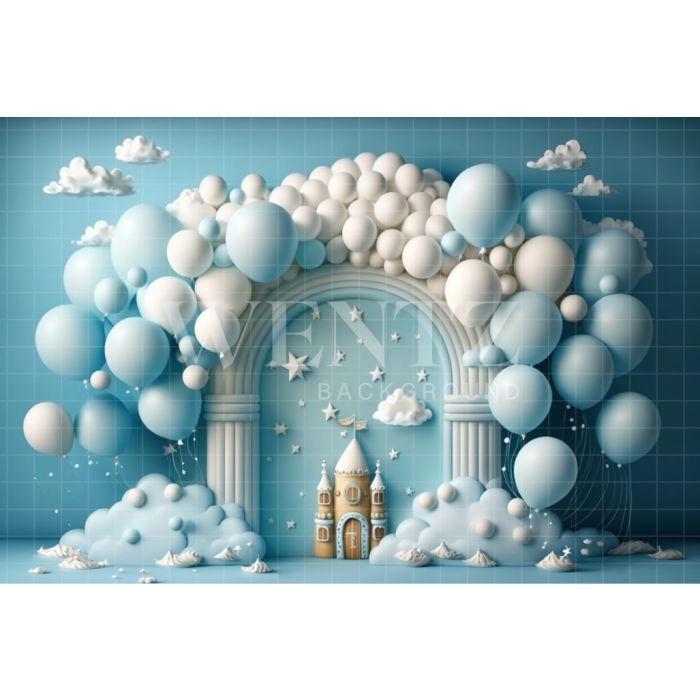 Photography Background in Fabric Cake Smash Blue with Castle / Backdrop 3096