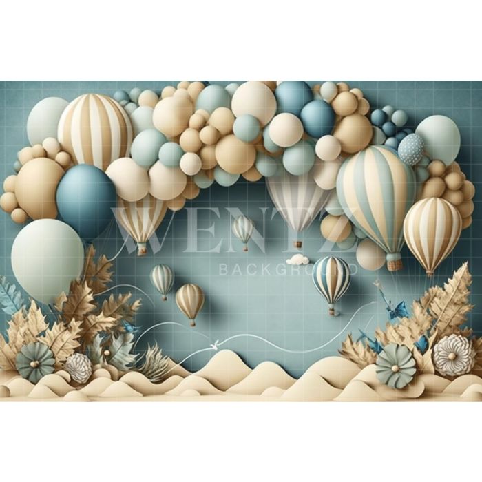 Photography Background in Fabric Cake Smash Blue and Beige with Air Balloons / Backdrop 3097