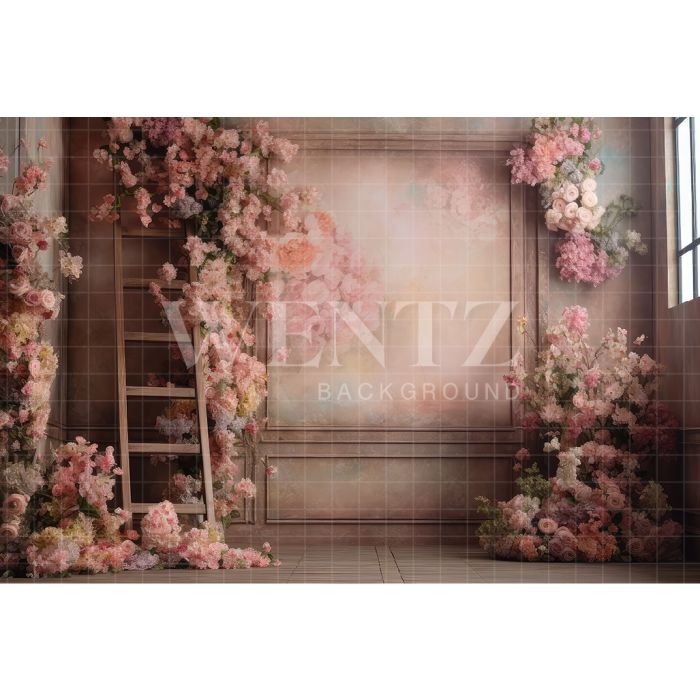 Photography Background in Fabric Scenery with Ladder and Flowers / Backdrop 3169