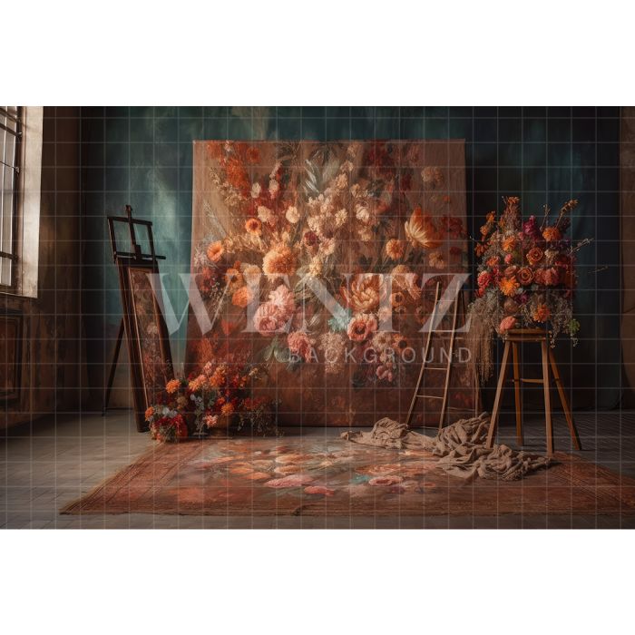 Photography Background in Fabric Scenery with Ladder and Flowers / Backdrop 3170