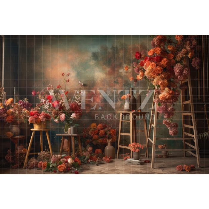 Photography Background in Fabric Scenery with Ladder and Flowers / Backdrop 3171