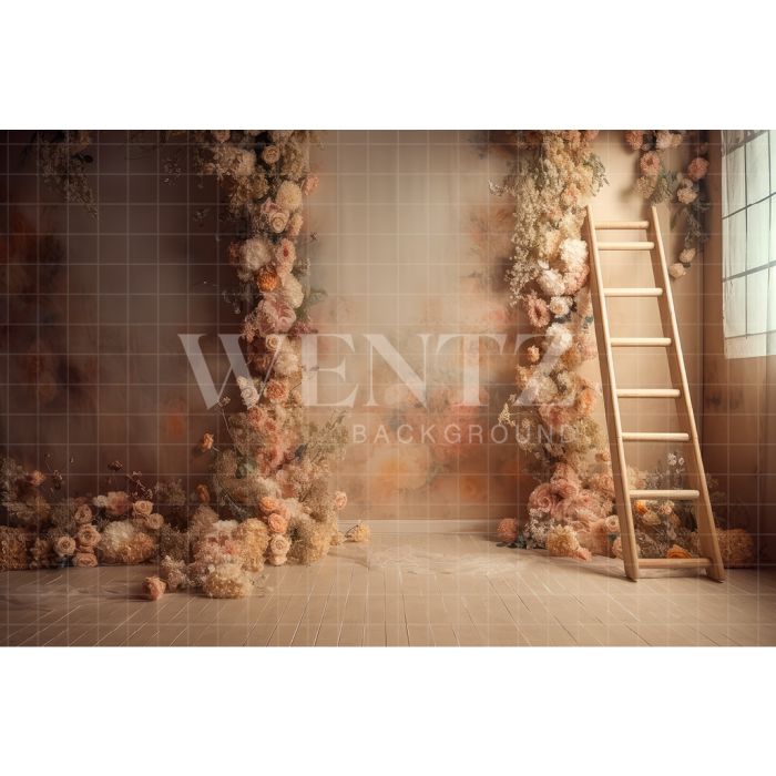 Photography Background in Fabric Scenery with Ladder and Flowers / Backdrop 3172