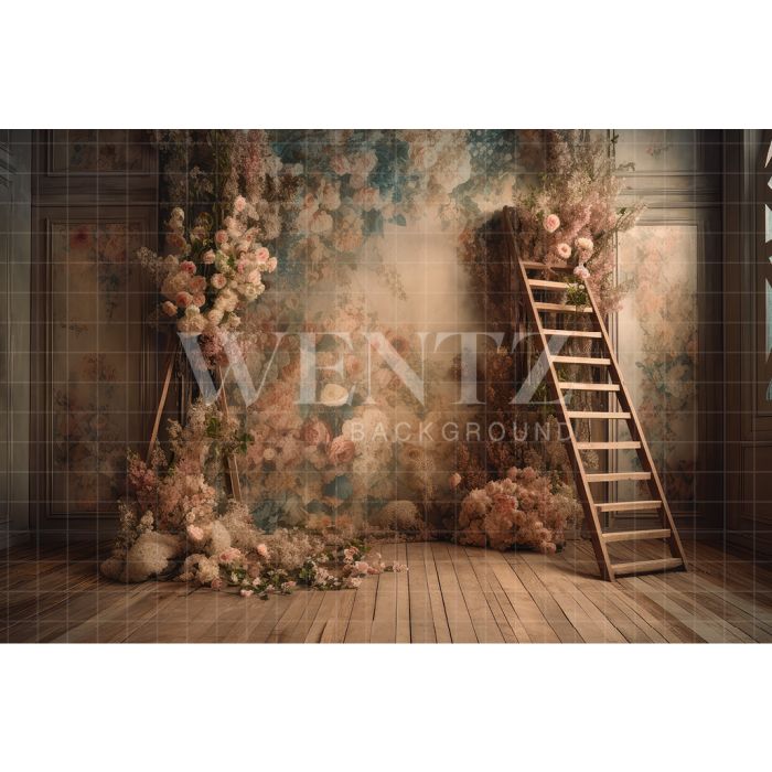 Photography Background in Fabric Scenery with Ladder and Flowers / Backdrop 3173