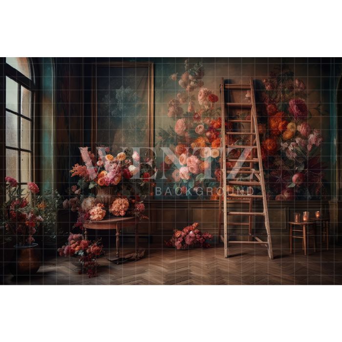 Photography Background in Fabric Scenery with Ladder and Flowers / Backdrop 3174