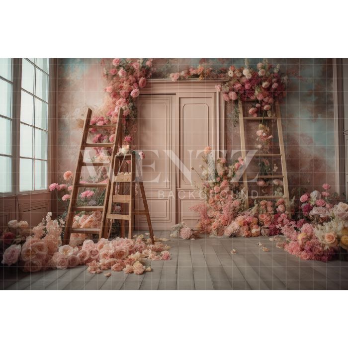 Photography Background in Fabric Scenery with Ladder and Flowers / Backdrop 3175