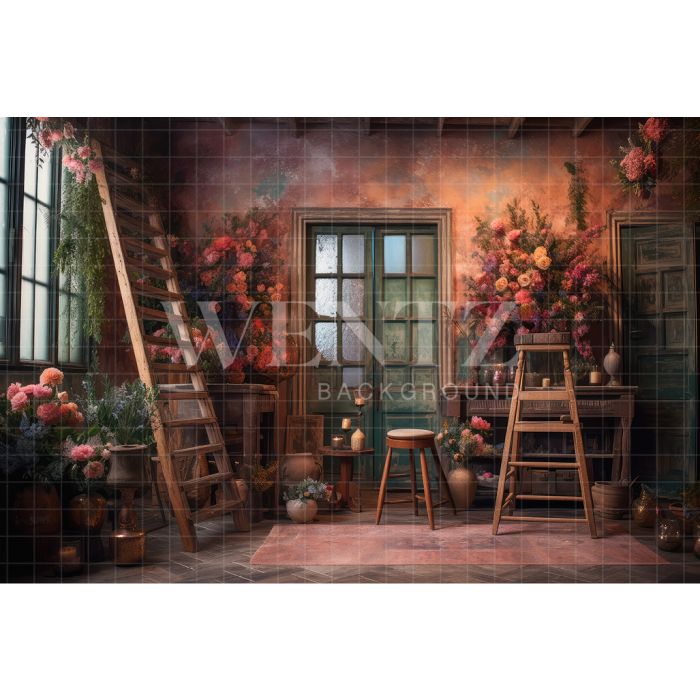 Photography Background in Fabric Scenery with Ladder and Flowers / Backdrop 3176