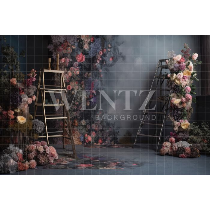 Photography Background in Fabric Scenery with Ladder and Flowers / Backdrop 3177