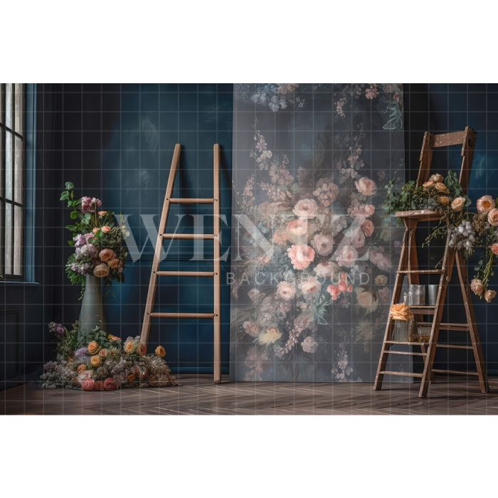 Photography Background in Fabric Scenery with Ladder and Flowers / Backdrop 3178