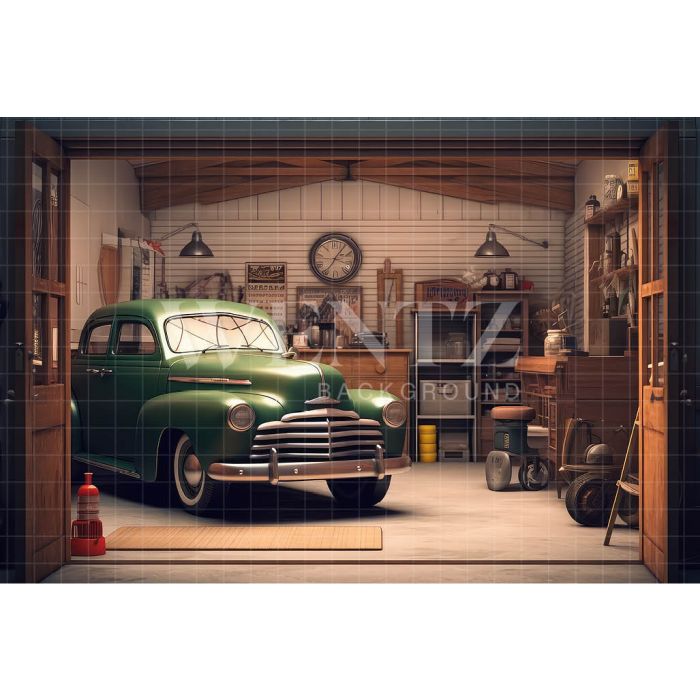 Photography Background in Fabric Garage with Old Car / Backdrop 3258