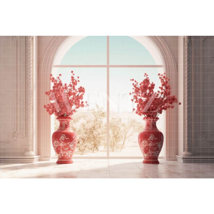 Photography Background in Fabric Room with Red Vases / Backdrop 3567