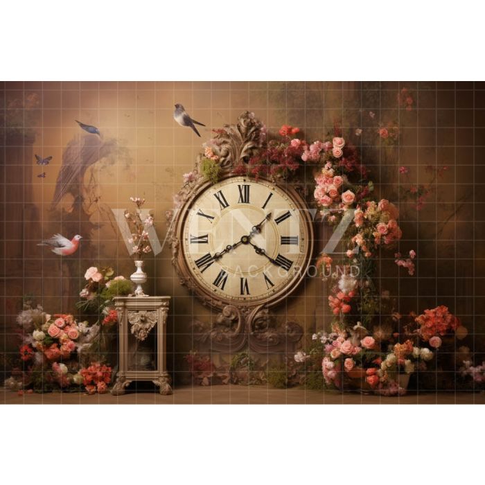 Photography Background in Fabric Set with Clock and Flowers / Backdrop 3606