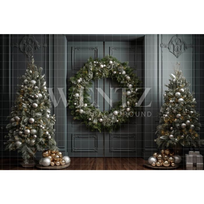 Photography Background in Fabric Door with Christmas Wreath / Backdrop 3816