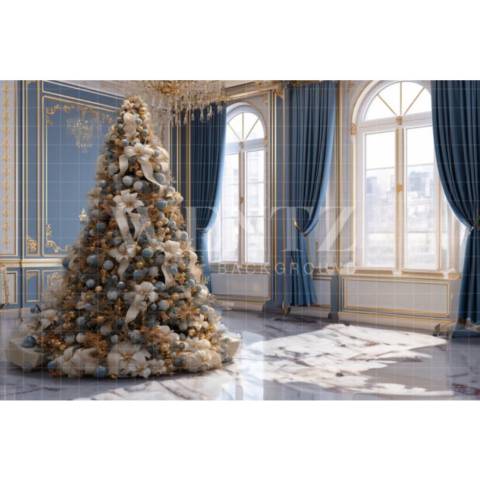 Photography Background in Fabric Blue and Gold Christmas Room / Backdrop 3879