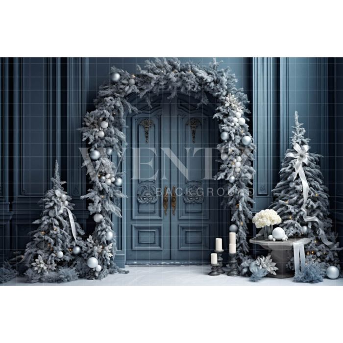 Photography Background in Fabric Blue Christmas Door / Backdrop 4065