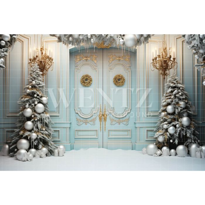 Photography Background in Fabric Pastel Blue Christmas Door / Backdrop 4133