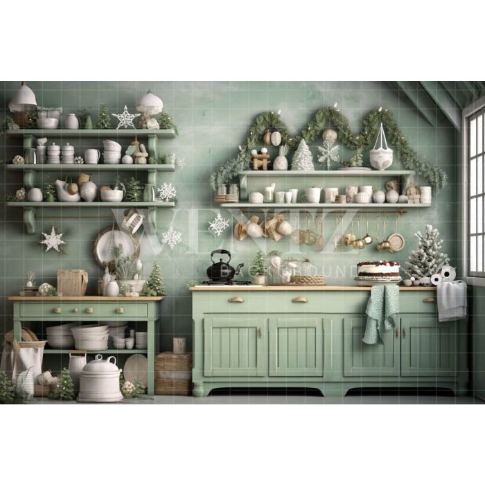 Photography Background in Fabric Green Christmas Kitchen / Backdrop 4186