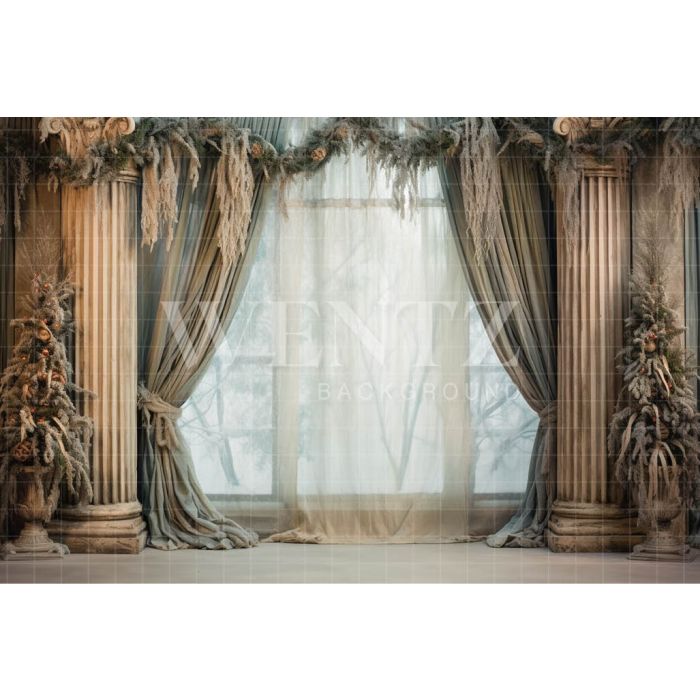 Photographic Background in Fabric Christmas Room with Curtains / Backdrop 4242