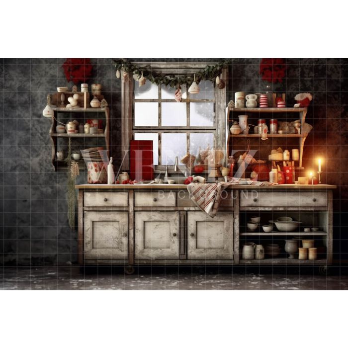 Photography Background in Fabric Rustic Christmas Kitchen / Backdrop 4339