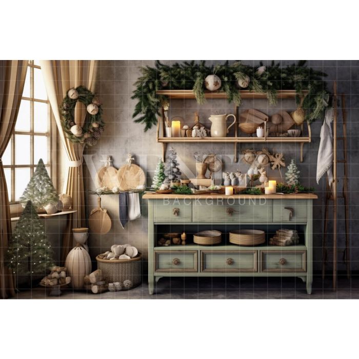 Photography Background in Fabric Vintage Christmas Kitchen / Backdrop 4346