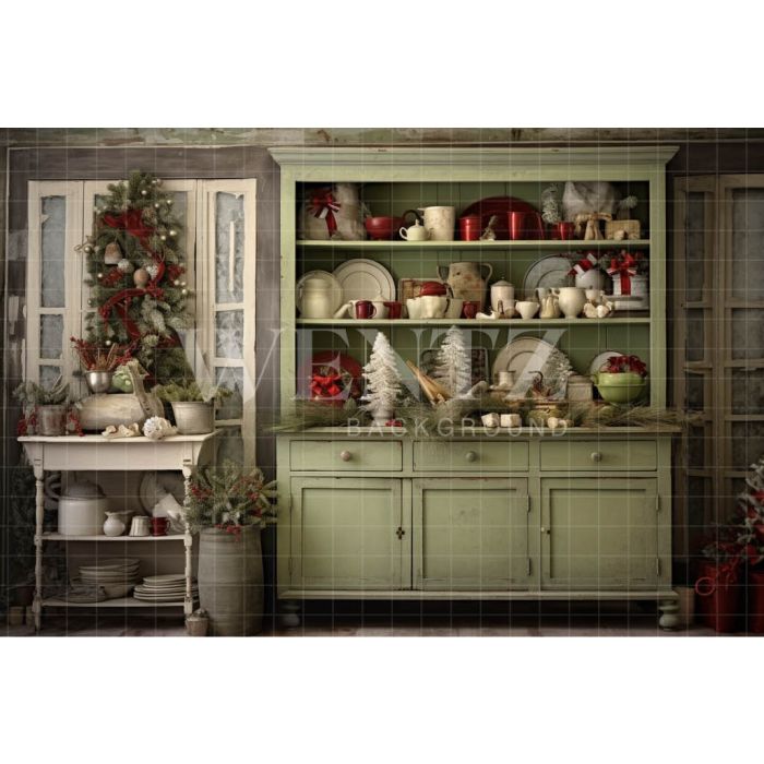 Photography Background in Fabric Rustic Christmas Kitchen / Backdrop 4379