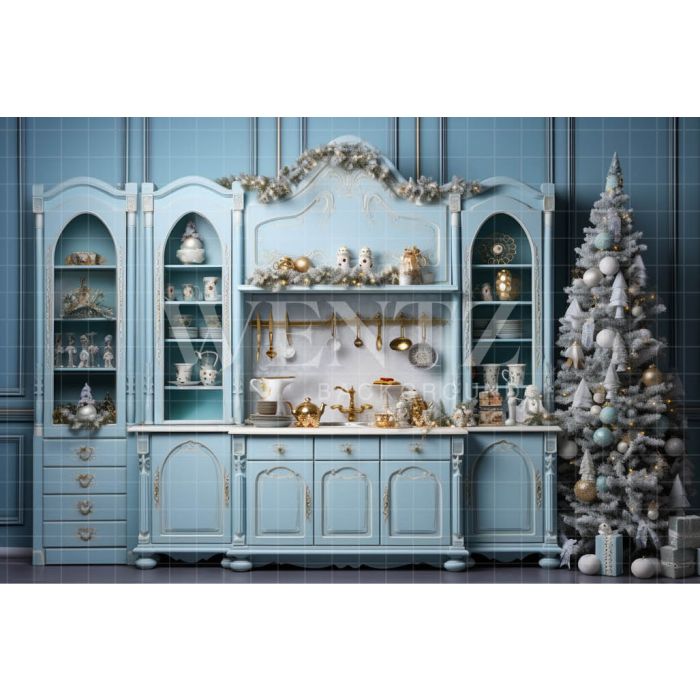Photography Background in Fabric Blue Christmas Kitchen / Backdrop 4598