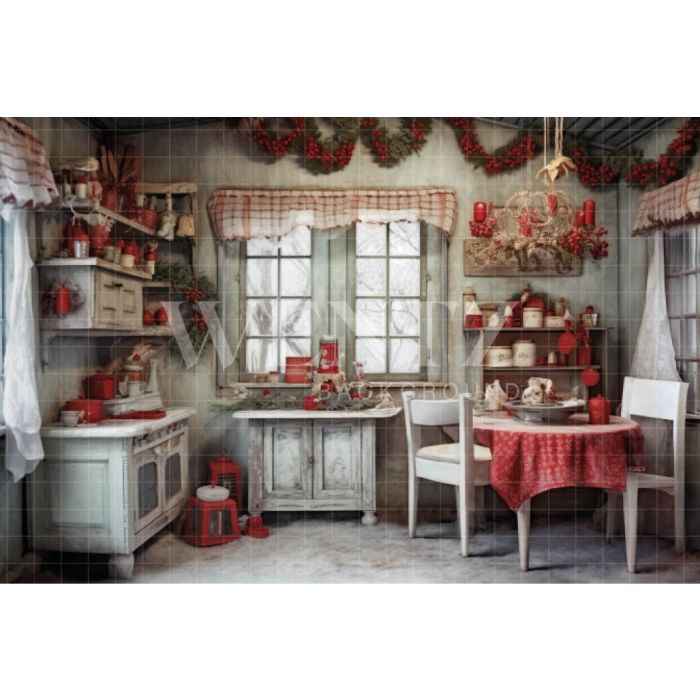 Photography Background in Fabric Vintage Christmas Kitchen / Backdrop 4663