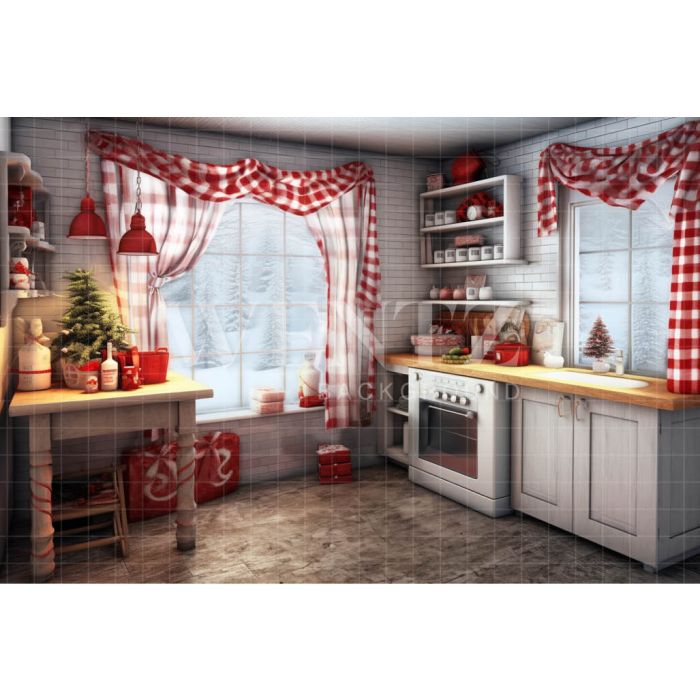 Photography Background in Fabric Vintage Christmas Kitchen / Backdrop 4664