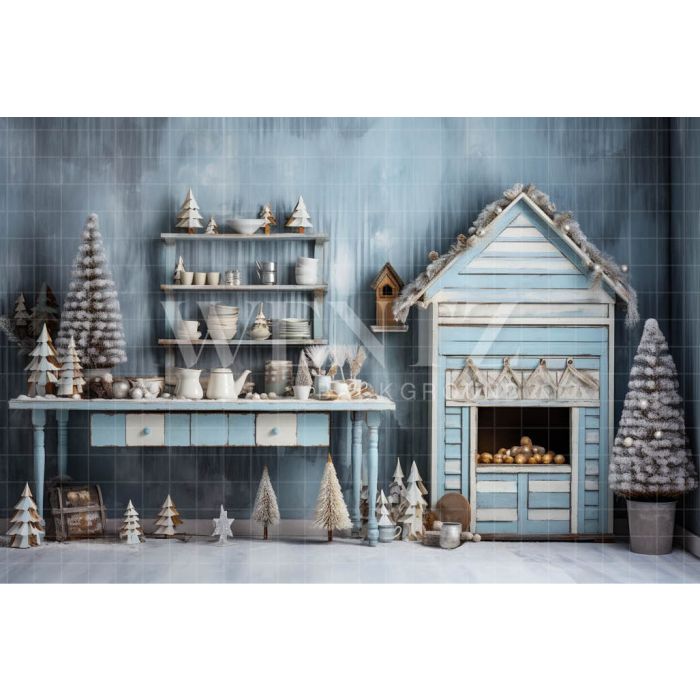 Photography Background in Fabric Pastel Blue Christmas Kitchen / Backdrop 4665
