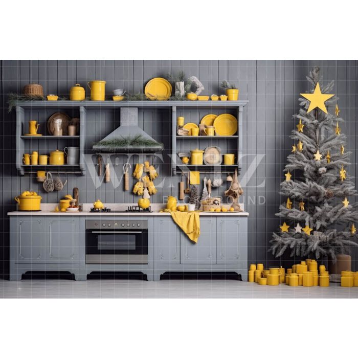 Photography Background in Fabric Grey and Yellow Christmas Kitchen / Backdrop 4666