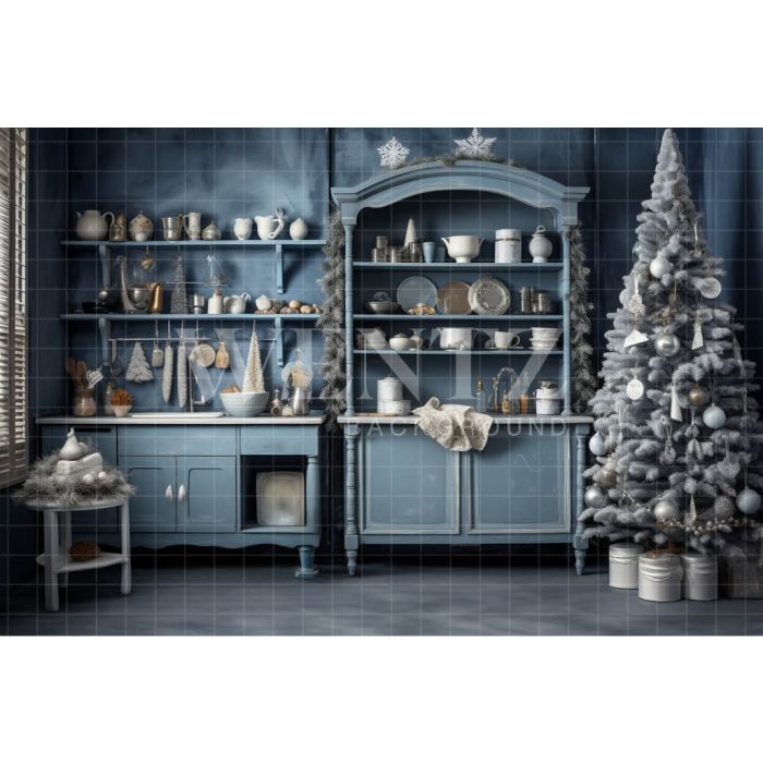 Photography Background in Fabric Blue Christmas Kitchen / Backdrop 4677