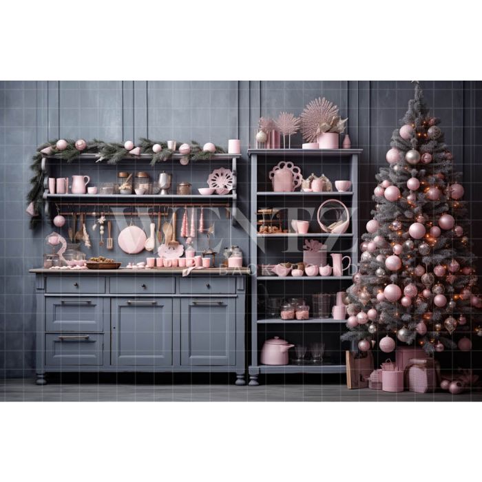 Photography Background in Fabric Grey and Pink Christmas Kitchen / Backdrop 4678