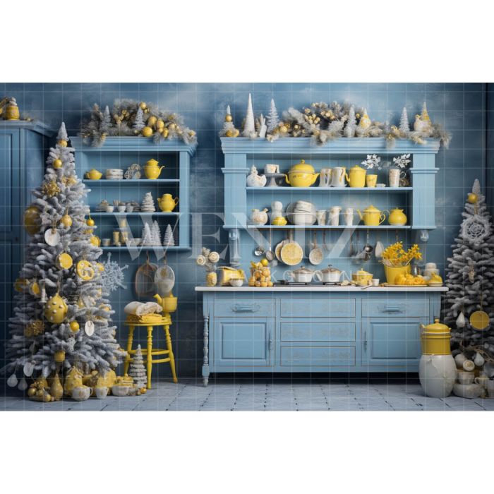 Photography Background in Fabric Blue and Yellow Christmas Kitchen / Backdrop 4689