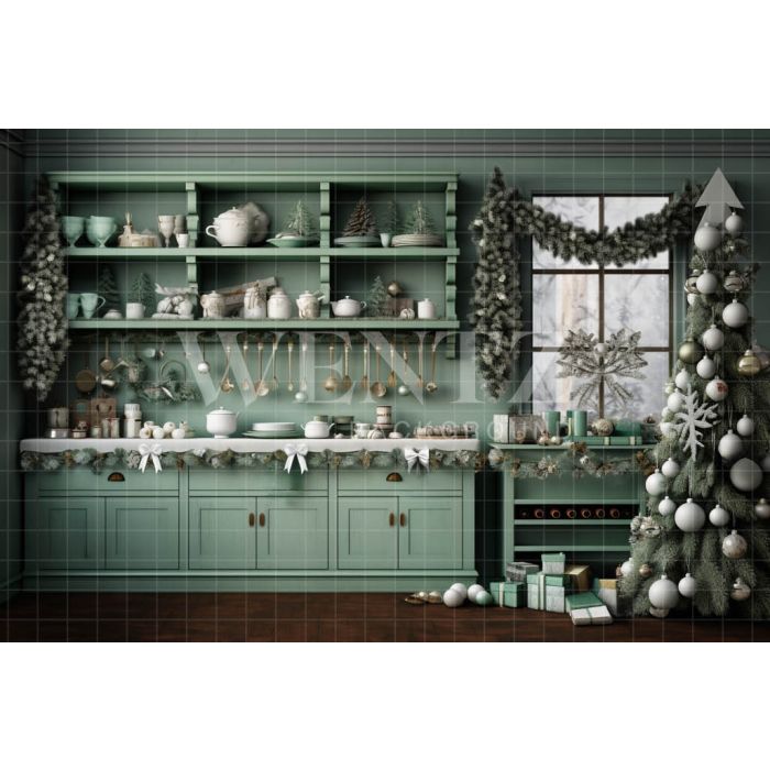 Photography Background in Fabric Green Christmas Kitchen / Backdrop 4690