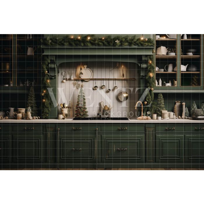 Photography Background in Fabric Green Christmas Kitchen / Backdrop 4695