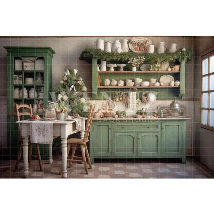 Photography Background in Fabric Green Christmas Kitchen / Backdrop 4696
