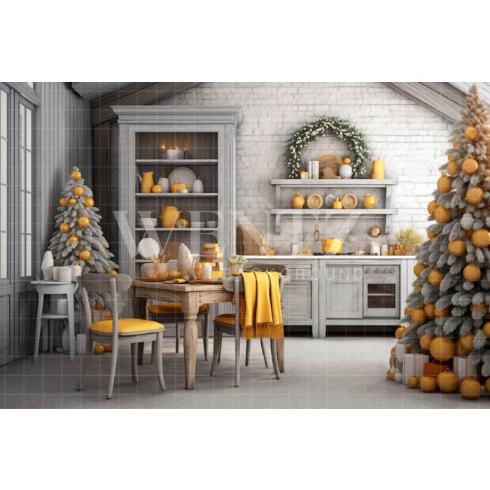 Photography Background in Fabric  White and Yellow Christmas Kitchen / Backdrop 4716
