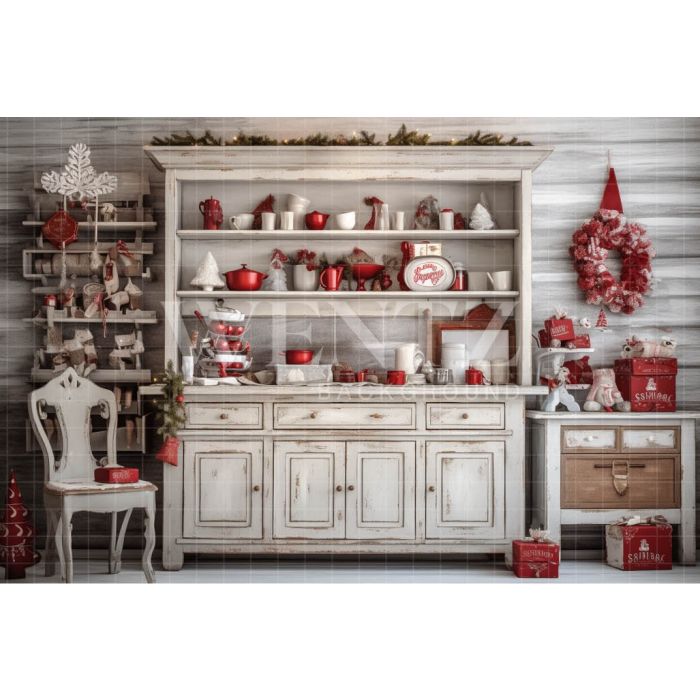 Photography Background in Fabric Vintage Christmas Kitchen / Backdrop 4718