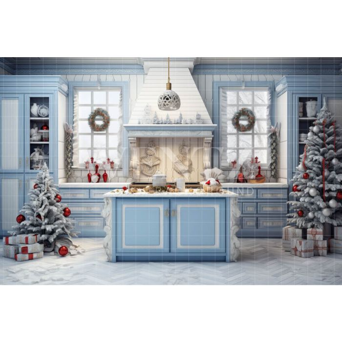 Photography Background in Fabric Blue Christmas Kitchen / Backdrop 4719